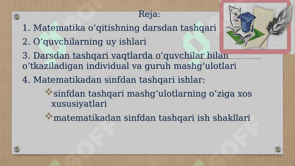 Boshlang’ich sinflarda matematikadan  sinfdan tashqari ishlarni tashkil qilish metodikasi. 2