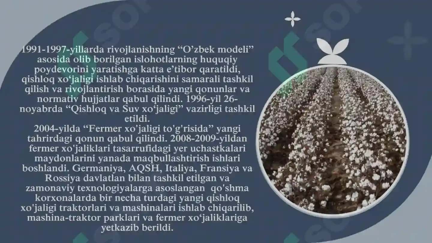 Oʻzbekistonda Mustaqillik yillarida qishloq xoʻjaligi va sanoat sohasidagi oʻzgarishlar 5
