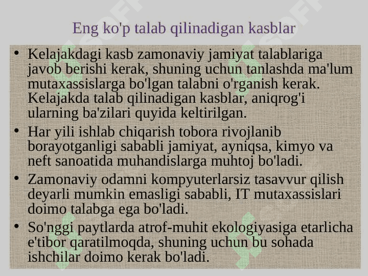 Kasb  tanlashda   o’quvchilarga     /  ta’sir    etadigan    omillar.Ta’lim-tarbiya,irsiyat,muxit. 4