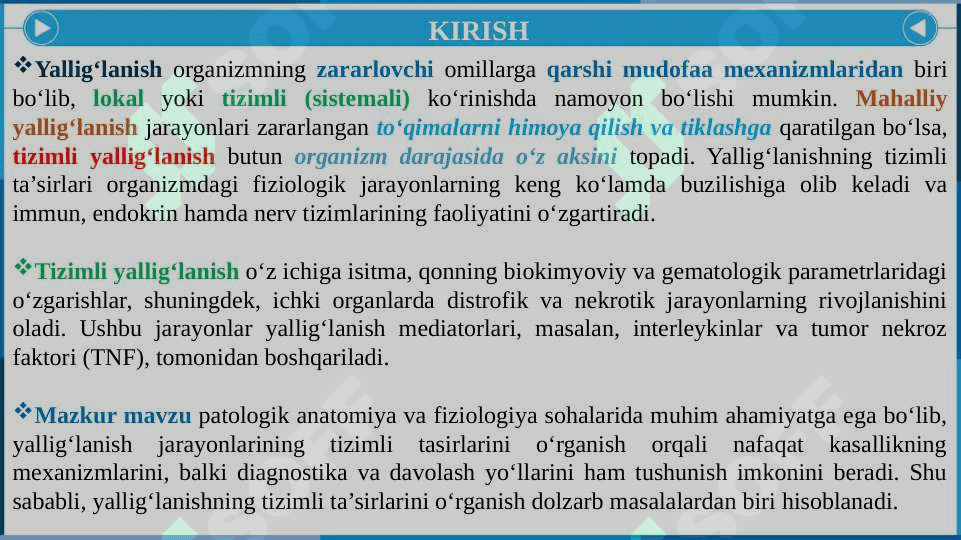 Yallig'lanishni tizimli tasirlari. Etipatogenezi va morfologiyasi. 2