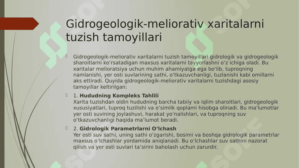 Gidrogeologik-meliorativ xaritalarni tuzish tamoyillari. Mazmuni va tushunchasi. Turlari. Masshtablari. 2