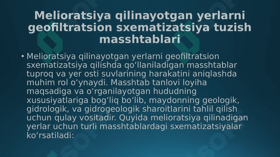 Melioratsiya qilinayotgan yerlarni geofiltratsion sxematizatsiya tuzish tamoyillari. Masshtablari. Geofiltratsion qirqimlar. 6