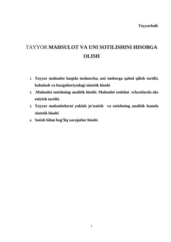 TAYYOR MAHSULOT VA UNI SOTILISHINI HISOBGA OLISH 1