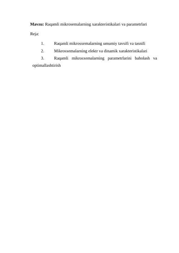 Raqamli mikrosemalarning xarakteristikalari va parametrlari 1