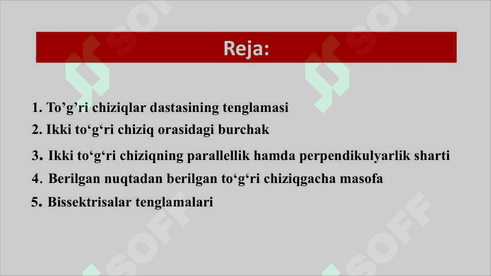 To'g'ri chiziqlar dastasi tenglamasi. Ikki to'g'ri chiziq orasidagi burchak. To'g'ri chiziqning parallellik va perpendikulyarlik alomatlari. Kesishuvchi to'g'ri chiziqlarning bissektrisa tenglamalari. Nuqtadan to'g'ri chiziqgacha masofa. Analitik geometriyaning sodda masalalari. 2