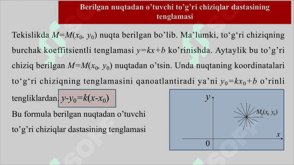To'g'ri chiziqlar dastasi tenglamasi. Ikki to'g'ri chiziq orasidagi burchak. To'g'ri chiziqning parallellik va perpendikulyarlik alomatlari. Kesishuvchi to'g'ri chiziqlarning bissektrisa tenglamalari. Nuqtadan to'g'ri chiziqgacha masofa. Analitik geometriyaning sodda masalalari. 3
