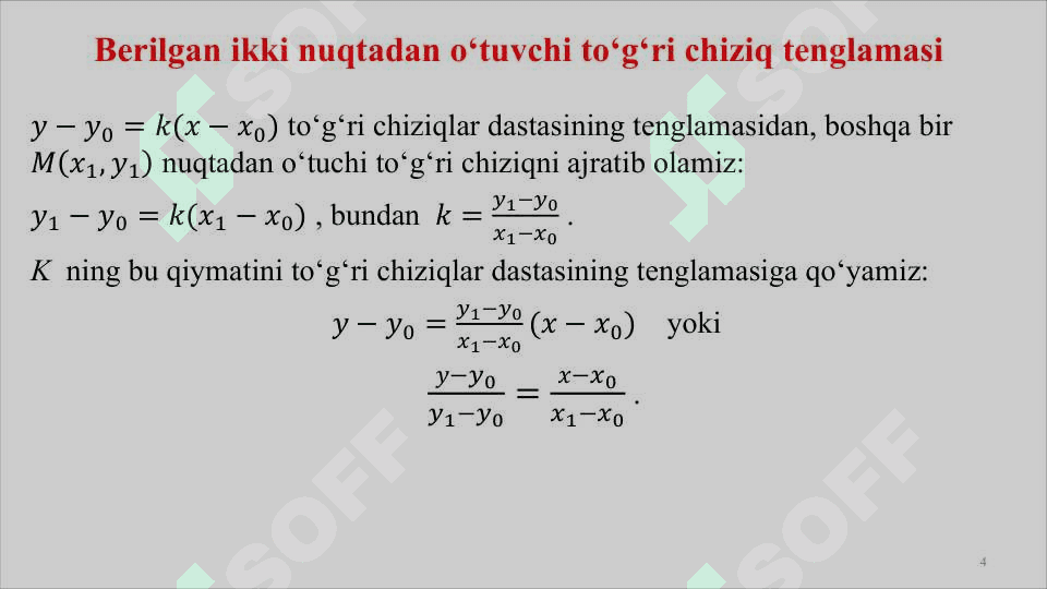 To'g'ri chiziqlar dastasi tenglamasi. Ikki to'g'ri chiziq orasidagi burchak. To'g'ri chiziqning parallellik va perpendikulyarlik alomatlari. Kesishuvchi to'g'ri chiziqlarning bissektrisa tenglamalari. Nuqtadan to'g'ri chiziqgacha masofa. Analitik geometriyaning sodda masalalari. 4