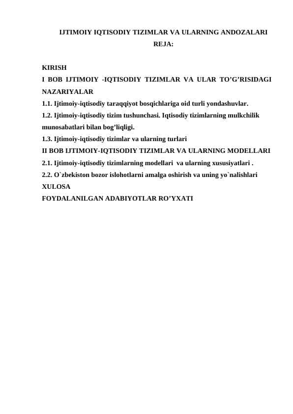 IJTIMOIY IQTISODIY TIZIMLAR VA ULARNING ANDOZALARI kurs ishi 1