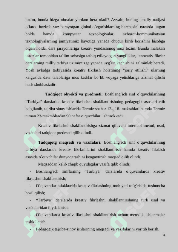 BOSHLANG‘ICH SINF O’QUVCHILARINI TARBIYA FANI DARSLARIDA KREATIV FIKRLASHINI SHAKLLANTIRISHNING PEDAGOGIK ASOSLARI 4
