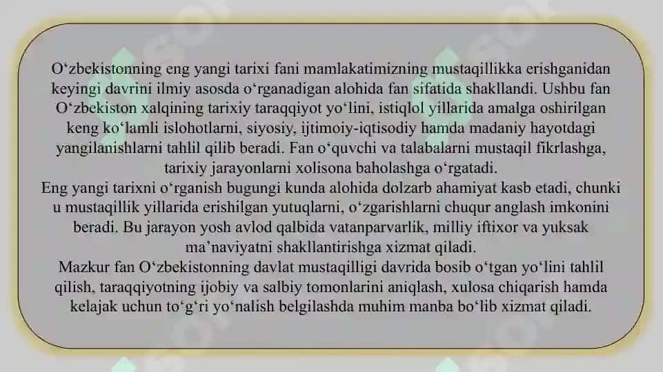 O‘zbekistonning eng yangi tarixi o‘quv fanining maqsadi, predmeti, vazifalari va metodologik tamoyillari                                 O‘zbekistonning eng yangi tarixi o‘quv fanining maqsadi, predmeti, vazifalari va metodologik tamoyillari 3