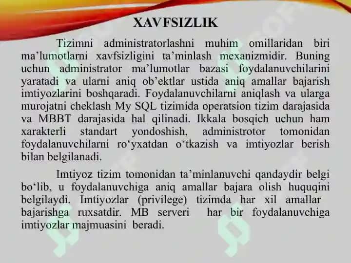 Ma`lumotlar bazasini administratorlash va xavfsizligini ta`minlashni loyihalash 8