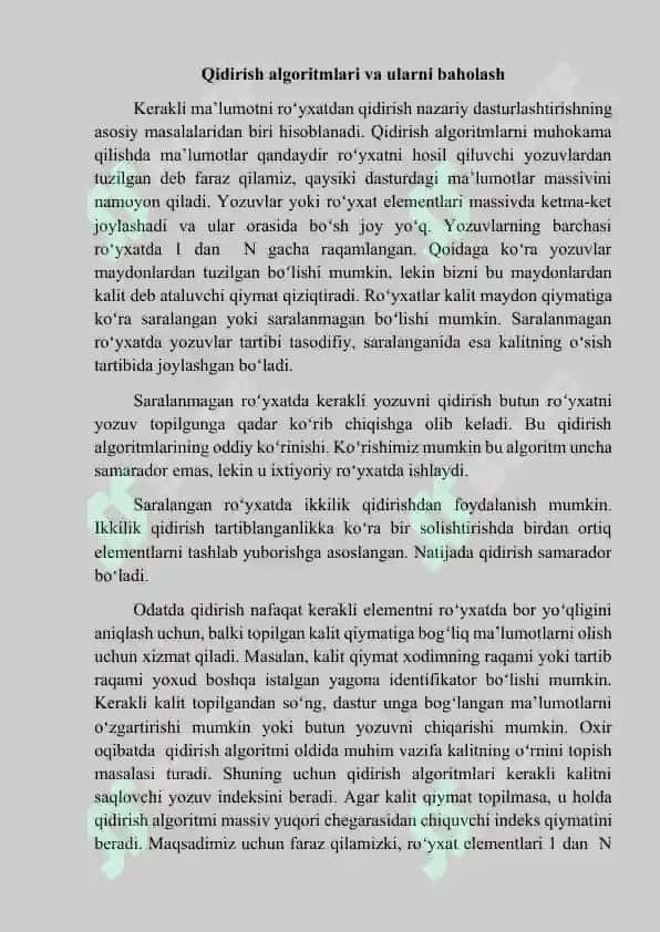 Saralash algoritmlarining samaradorligi va qiyosiy tahlili.Misolda namoyish 2