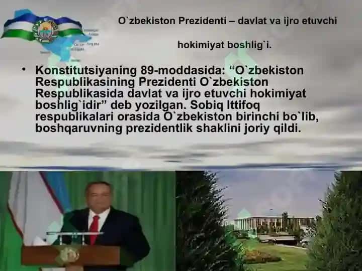 O'ZBEKISTON RESPUBLIKASI PRIZIDENTI HUQUQIY MAQOMI VAZIFALARI VA VAKOLATLARI 2
