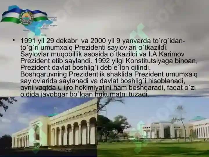 O'ZBEKISTON RESPUBLIKASI PRIZIDENTI HUQUQIY MAQOMI VAZIFALARI VA VAKOLATLARI 4