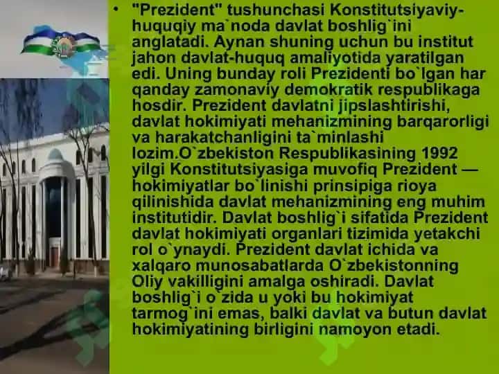 O'ZBEKISTON RESPUBLIKASI PRIZIDENTI HUQUQIY MAQOMI VAZIFALARI VA VAKOLATLARI 5
