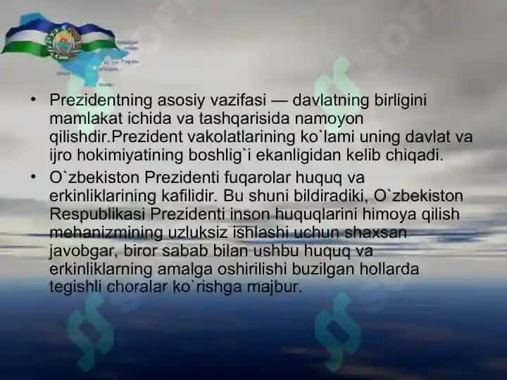 O'ZBEKISTON RESPUBLIKASI PRIZIDENTI HUQUQIY MAQOMI VAZIFALARI VA VAKOLATLARI 8