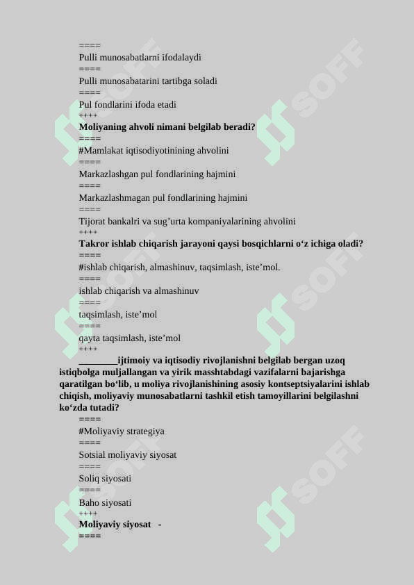 moliya va soliqlar fanidan test, 200 talik javoblari bilan 3