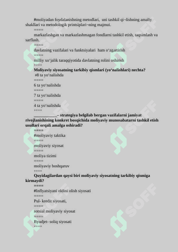 moliya va soliqlar fanidan test, 200 talik javoblari bilan 4
