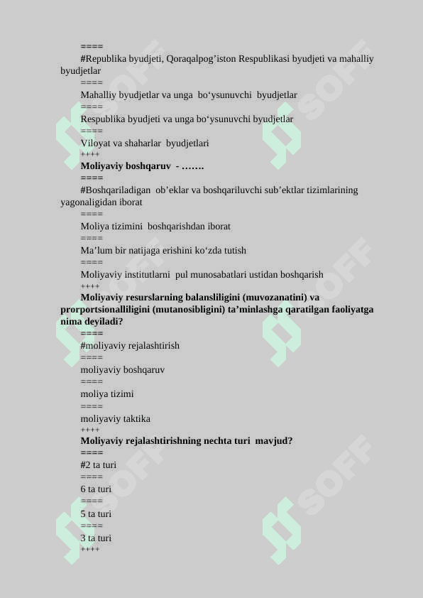 moliya va soliqlar fanidan test, 200 talik javoblari bilan 7