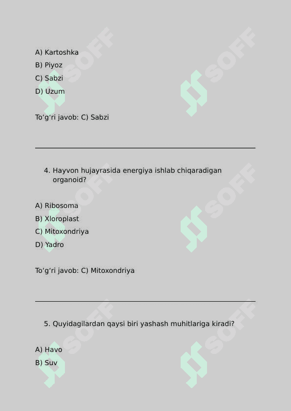 5sinf biologiya fanidan testlar 2