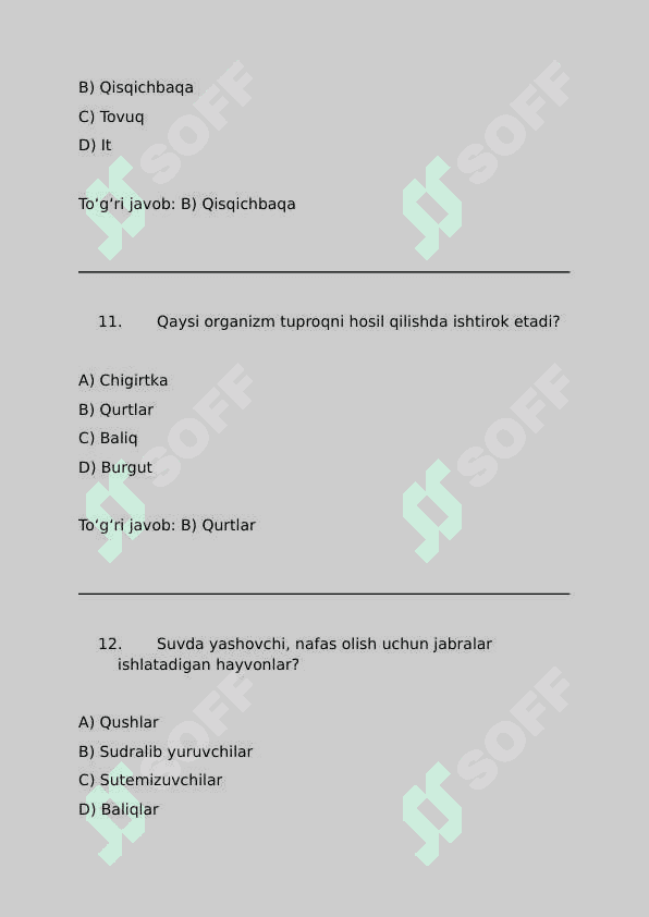 5sinf biologiya fanidan testlar 5