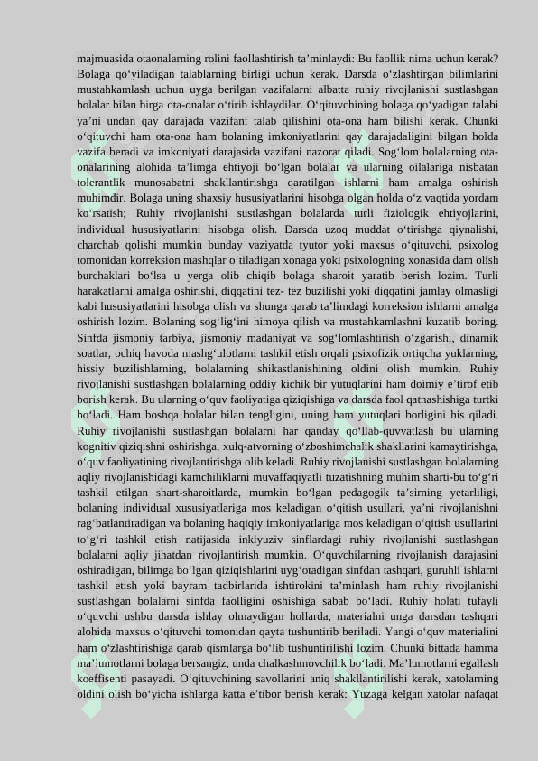 Turli darajadagi intellektual yetishmovchiligi bo‘lgan bolalar autistik spektr buzilishlariga ega  bolalar, sensor kamchiliklarga ega bolalar uchun uchun inklyuziv ta’lim strategiyalari va ularni amalga oshirish shart-sharoitlari. 5