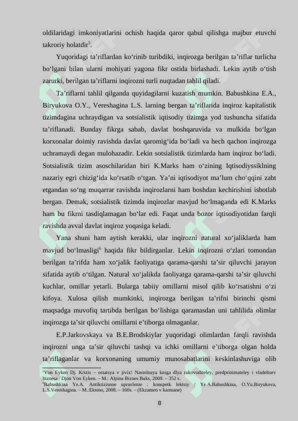 Iqtisodiy inqirozlar,ularning turlari va namoyon bo’lish xususiyatlari. 8