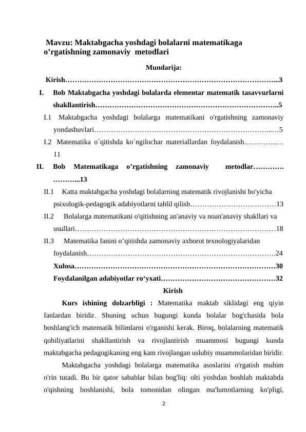Maktabgacha yoshdagi bolalarni matematikaga o’rgatishning zamonaviy  metodlari