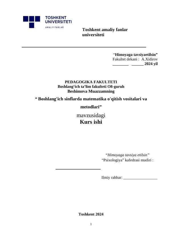 Boshlang'ich sinflarda matematika o'qitish vositalari va metodlari