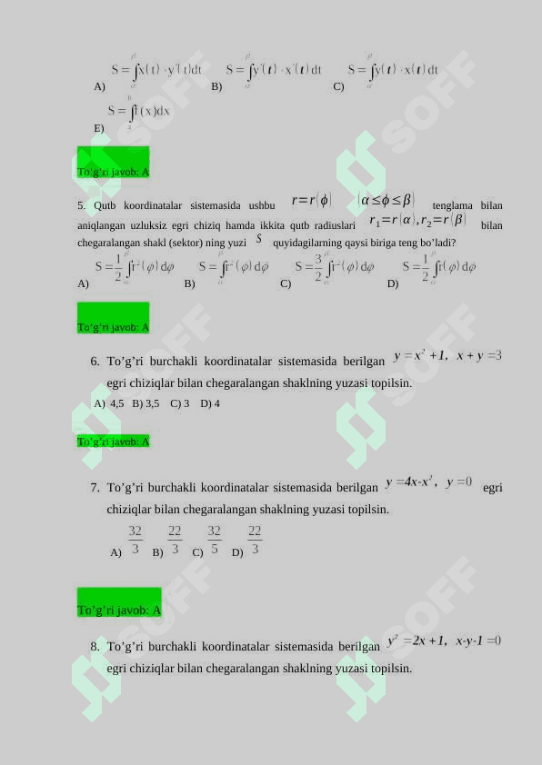 Matematik analiz fanidan yakuniy javoblari bilan 2