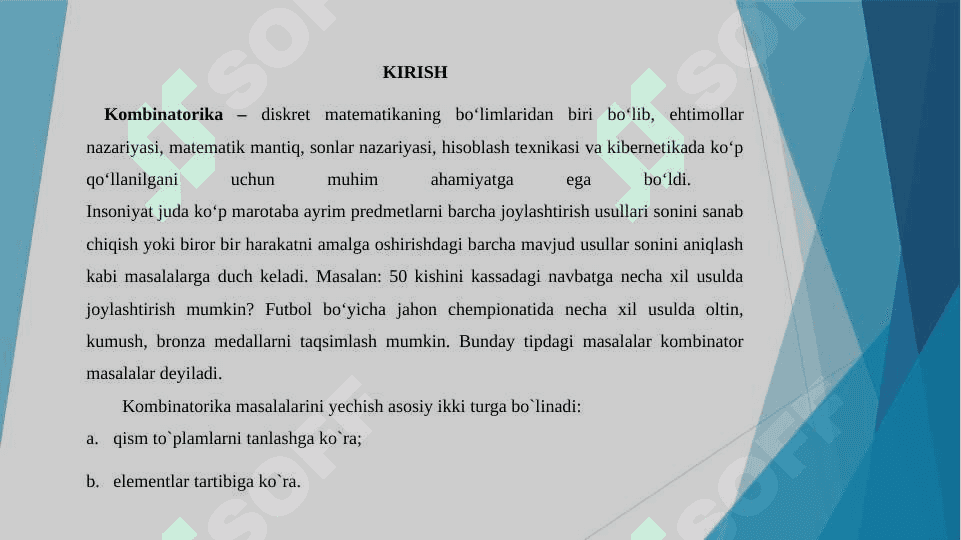 Kombinatorikaning asosiy qoidalari. To'plamlar tanlanma turlari va ularning sonini hisoblash 3