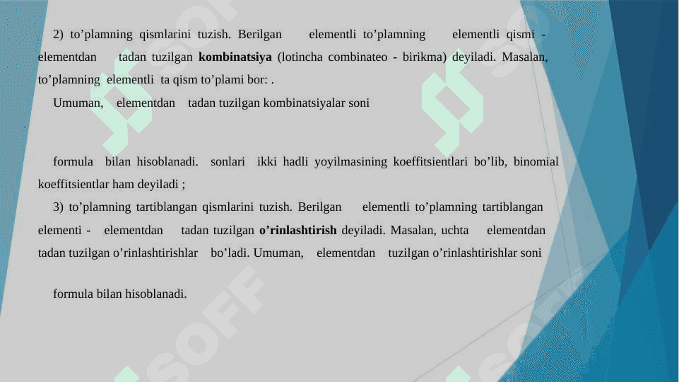 Kombinatorikaning asosiy qoidalari. To'plamlar tanlanma turlari va ularning sonini hisoblash 5