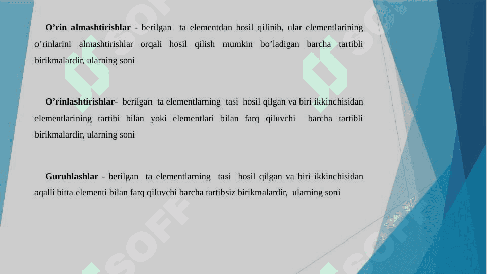 Kombinatorikaning asosiy qoidalari. To'plamlar tanlanma turlari va ularning sonini hisoblash 7