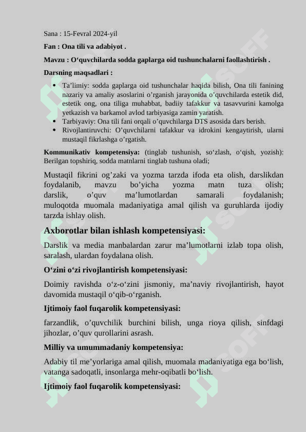 O‘quvchilarda sodda gaplarga oid tushunchalarni faollashtirish  dars ishlanma 3
