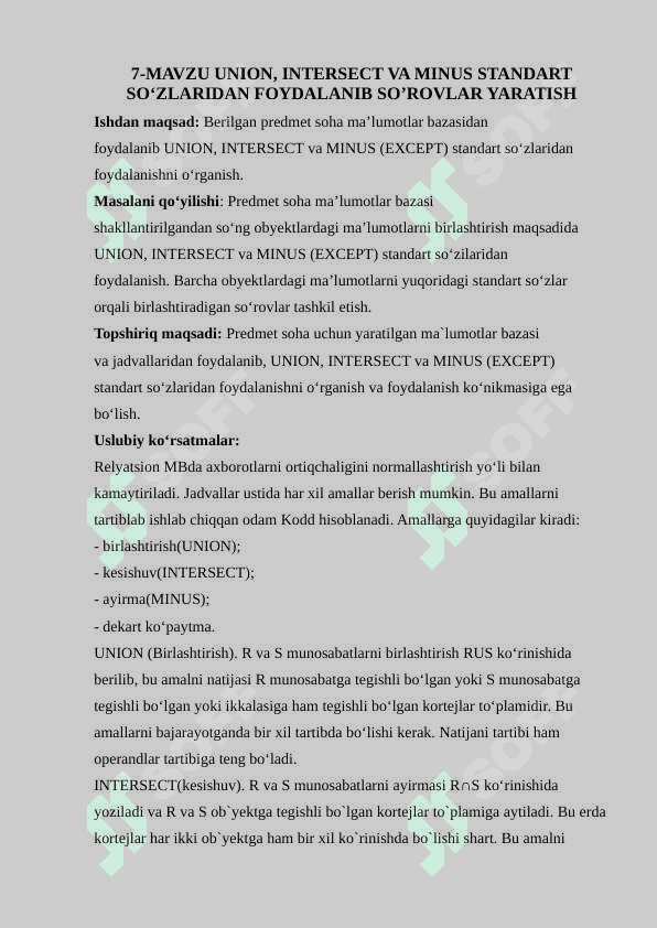 UNION, INTERSECT VA MINUS STANDART SO‘ZLARIDAN FOYDALANIB SO’ROVLAR YARATISH 2