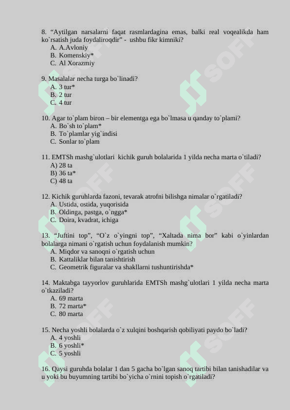 ELEMENTAR MATEMATIK TASAVVURLARNI SHAKLLANTIRISH FANIDAN TEST javoblari bilan 2