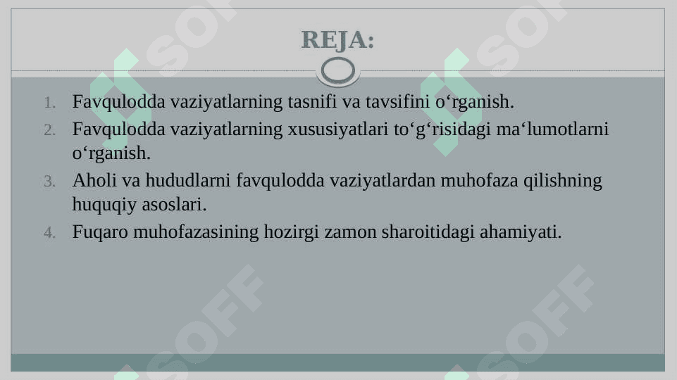 “Favqulodda vaziyatlar va fuqaro muhofazasi” faniga kirish. Aholini va hududlarni favqulodda vaziyatlardan muhofaza qilish va fuqaro muhofazasining huquqiy asoslari. 2