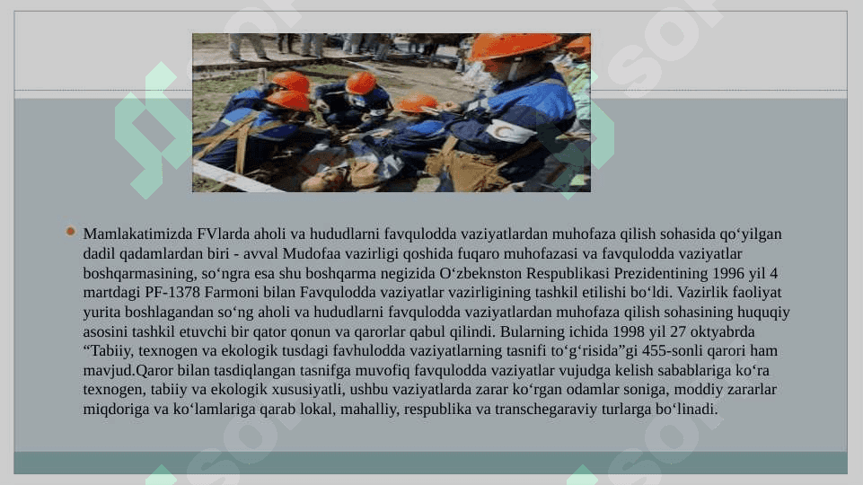 “Favqulodda vaziyatlar va fuqaro muhofazasi” faniga kirish. Aholini va hududlarni favqulodda vaziyatlardan muhofaza qilish va fuqaro muhofazasining huquqiy asoslari. 3