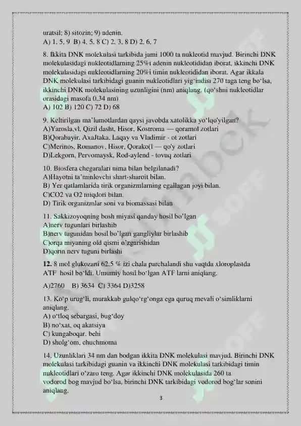 BIALOGIYA TEST SATANDART 3