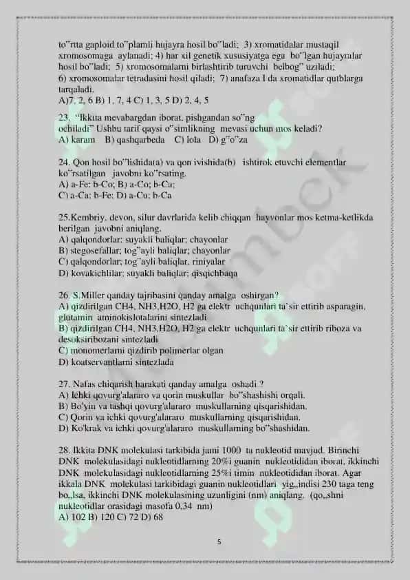 BIALOGIYA TEST SATANDART 5