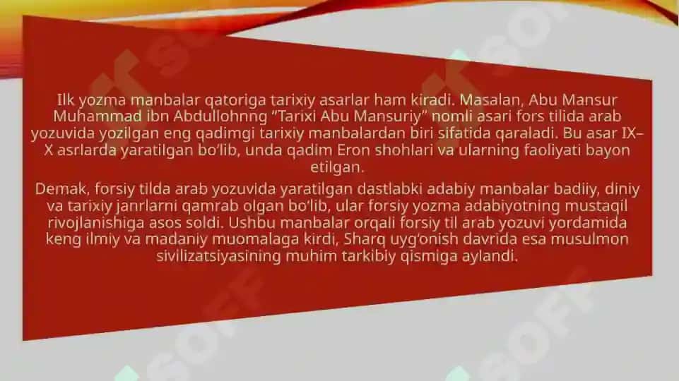 Forsiy tilda arab yozuvida yozilgan dastlabki manbalar 8