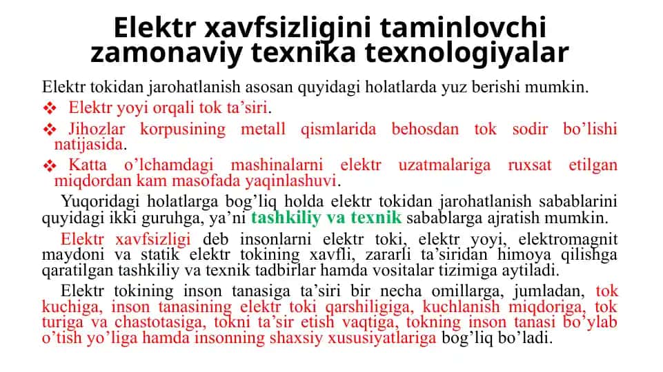 Elektr xavfsizligini taminlovchi zamonaviy texnika texnologiyalar