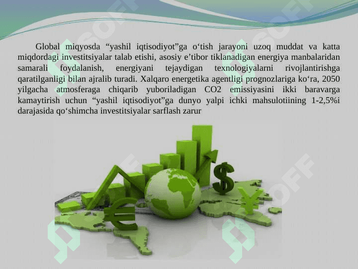 “Yashil iqtisodiyot”ga o‘tish jarayonini moliyalashtirish pptx 2