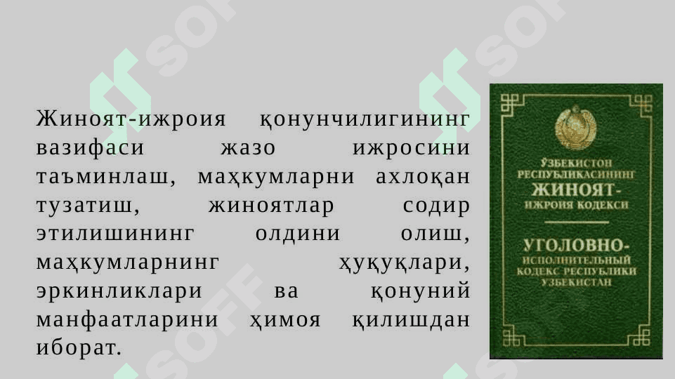 Жиноят-ижроия ҳуқуқи тушунчаси, предмети. Маҳкумларнинг ҳуқуқий ҳолати. Жазоларни ва бошқа жиноят-ҳуқуқий таъсир чораларини ижро этувчи муассасалар ва органлар ҳамда улар фаолиятини текшириш ва назорат қилиш. 8