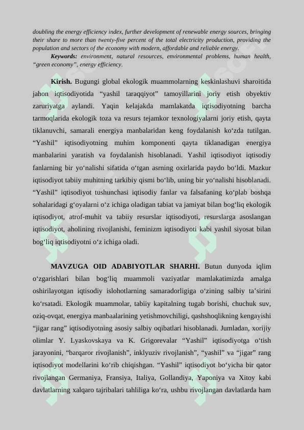 O'ZBEKISTONDA YASHIL IQTISODIYOT O'RNI VA UNI RIVOJLANTIRISH 2