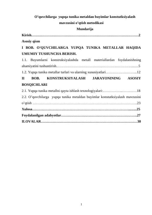 Oʼquvchilarga  yupqa tunika metaldan buyimlar konstutksiyalash mavzusi