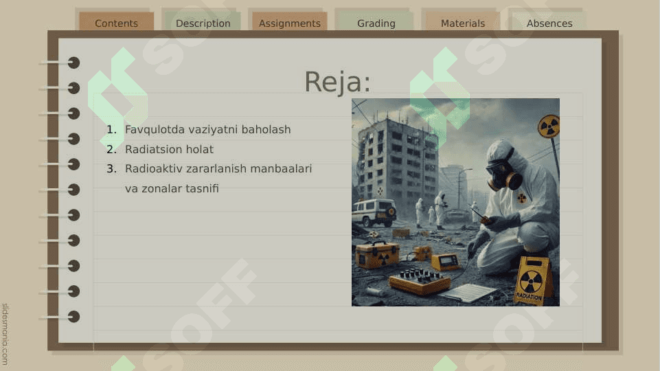 Favqulotda vaziyatni baholash. Radiatsion holat. Radioaktiv zararlanish manbaalari. Zonalar tasnifi. 2