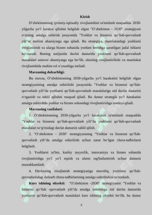 “O‘zbekiston -2030” strategiyasini "Yoshlar va biznesni qo‘llab -quvvatlash yili"da amalga oshirishga oid davlat dasturida yoshlarni  qo‘llab-quvvatlash masalalari. 2