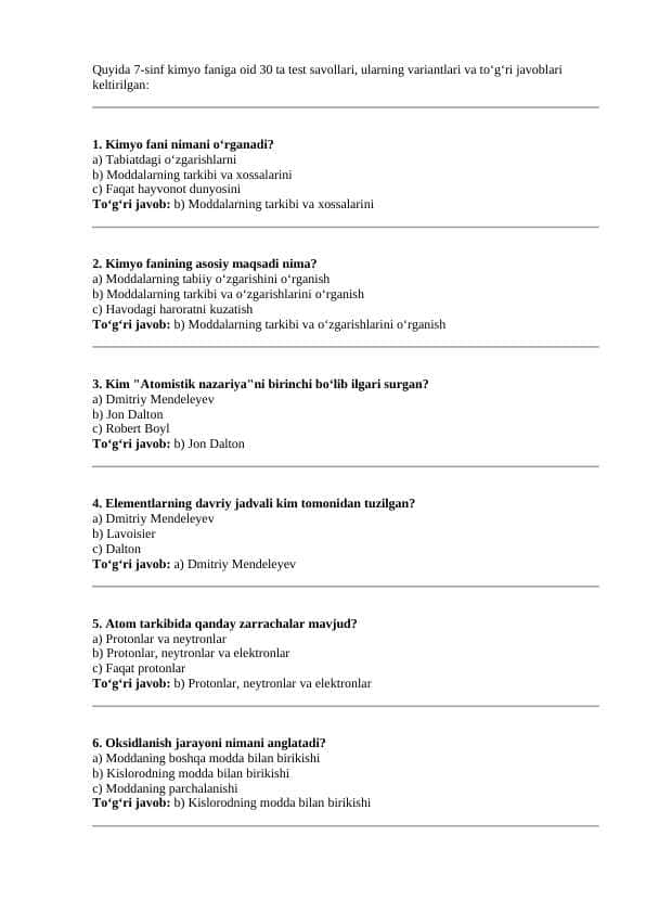 Kimyo fanidan test nazorat savollari 7-sinflar uchun