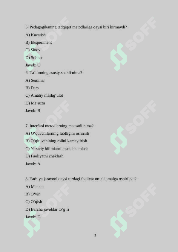 Pedagogika fanidan 100 ta test savollari va javoblari bilan 2